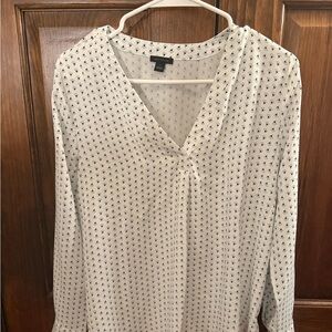 Ann Taylor White Blouse with Navy Micro Print V-Neck